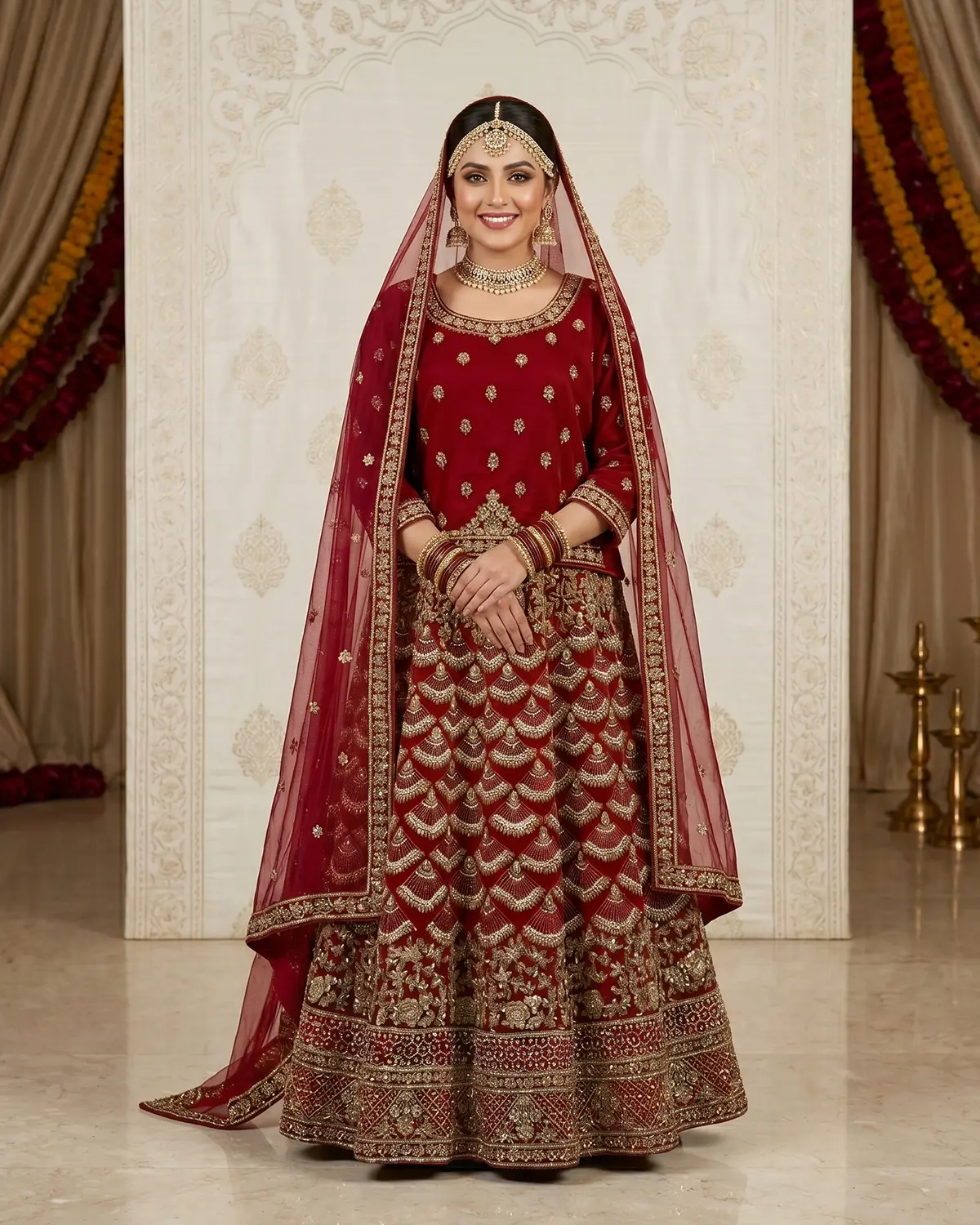 Deep Red Embroidery Indian Style Bridal Lehenga Shirt - Image 2