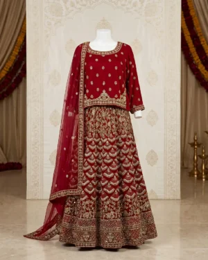 Deep Red Embroidery Indian Style Bridal Lehenga Shirt