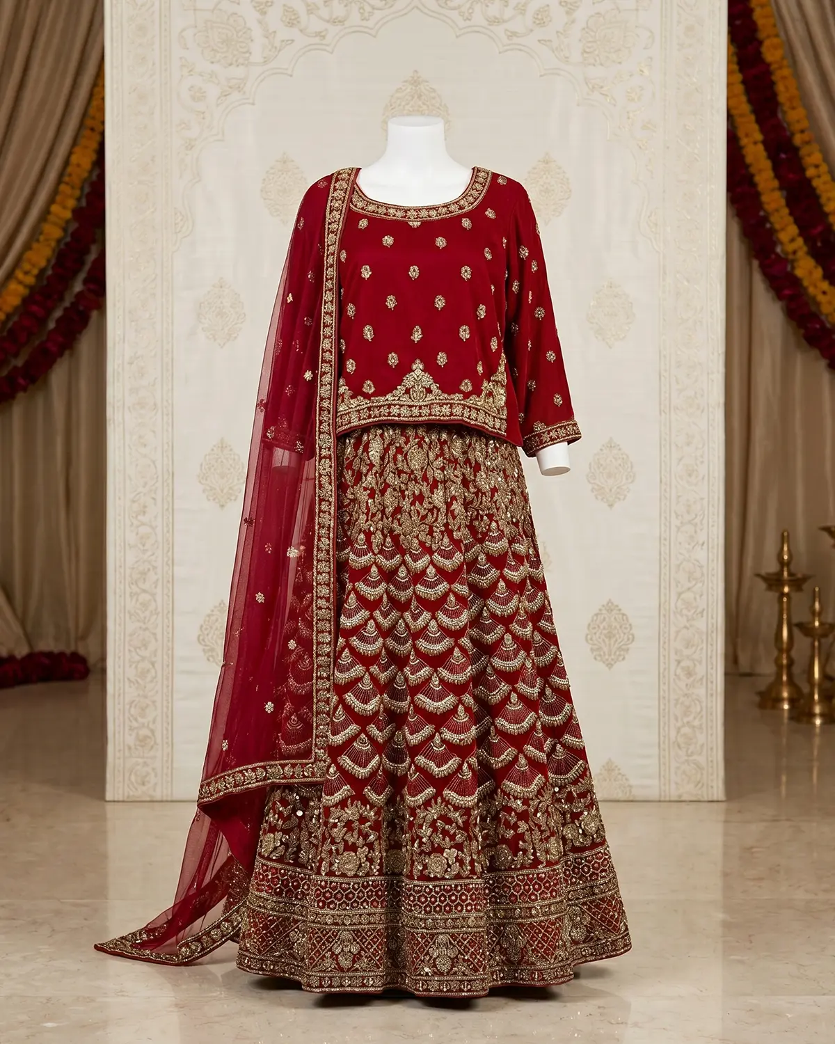 Deep Red Embroidery Indian Style Bridal Lehenga Shirt
