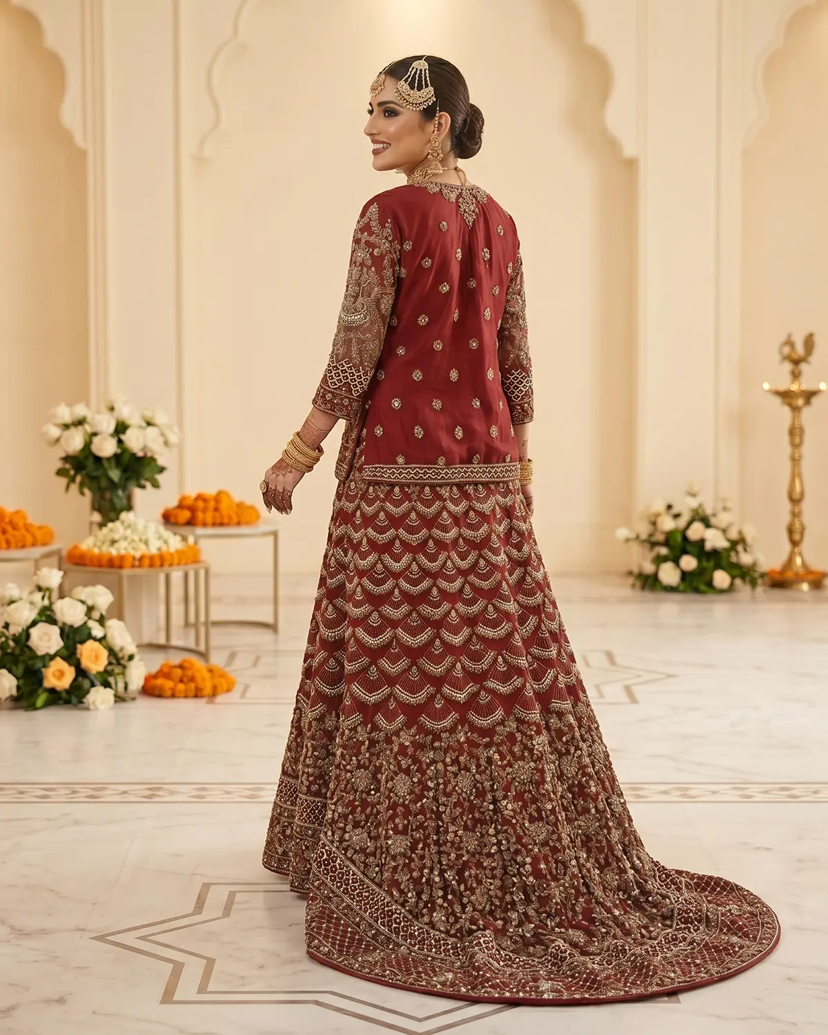 Deep Red Embroidery Indian Style Bridal Lehenga Shirt with Pearl Jacket - Image 3