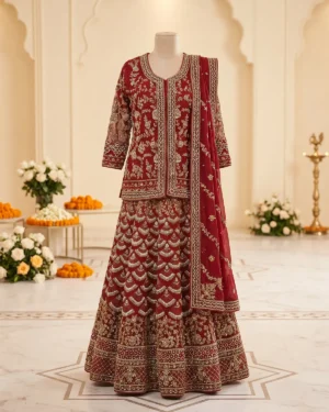 Deep Red Embroidery Indian Style Bridal Lehenga Shirt with Pearl Jacket