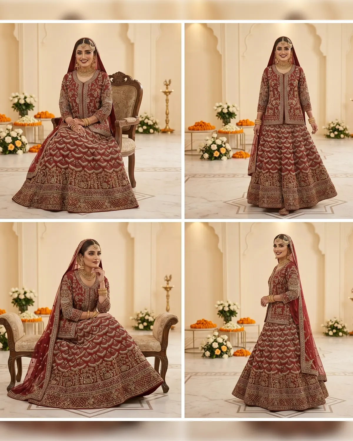 Deep Red Embroidery Indian Style Bridal Lehenga Shirt with Pearl Jacket - Image 4