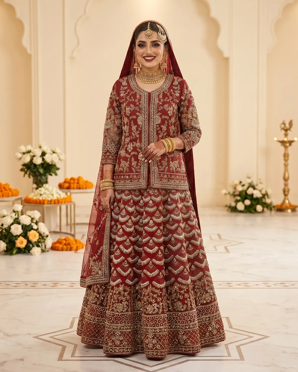 Deep Red Embroidery Indian Style Bridal Lehenga Shirt with Pearl Jacket - Image 2