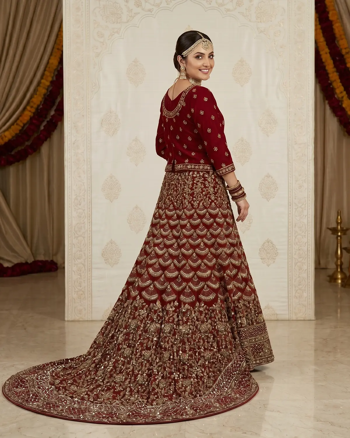 Deep Red Embroidery Indian Style Bridal Lehenga Shirt - Image 3