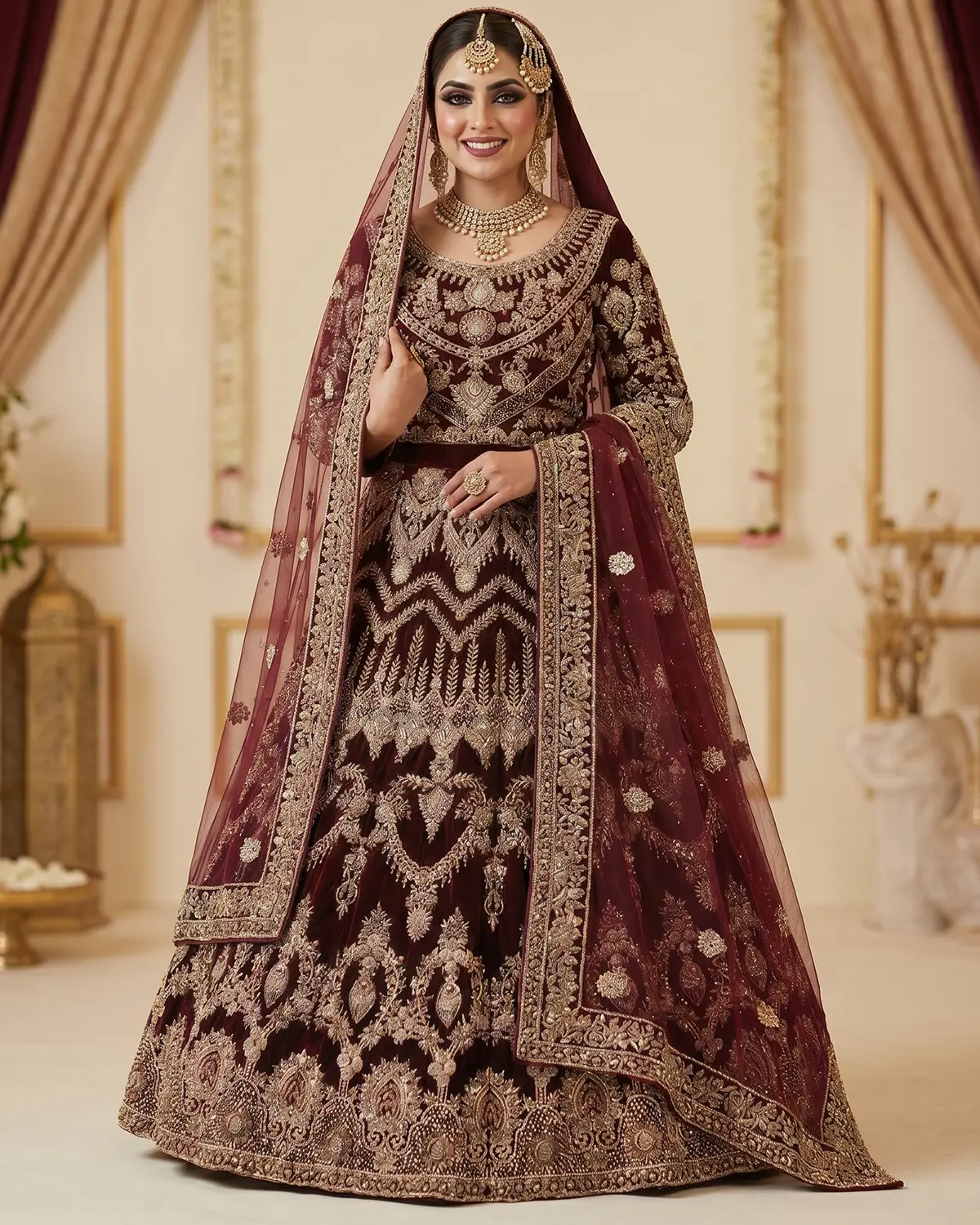 Elegant Maroon Tux Velvet Bridal Lehenga Choli - Image 2