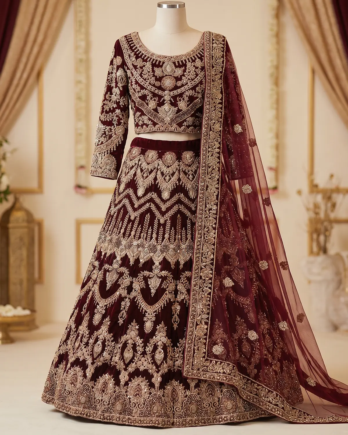 Elegant Maroon Tux Velvet Bridal Lehenga Choli