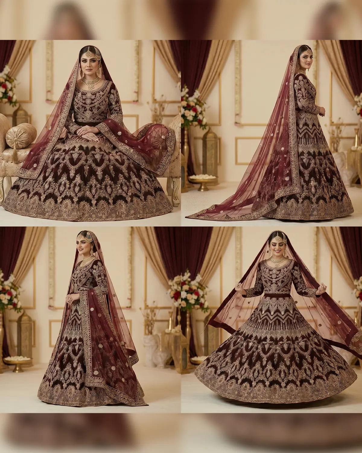 Elegant Maroon Tux Velvet Bridal Lehenga Choli - Image 4