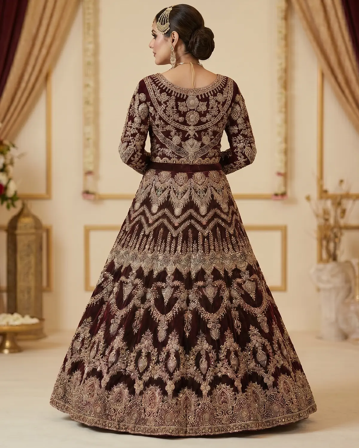 Elegant Maroon Tux Velvet Bridal Lehenga Choli - Image 3