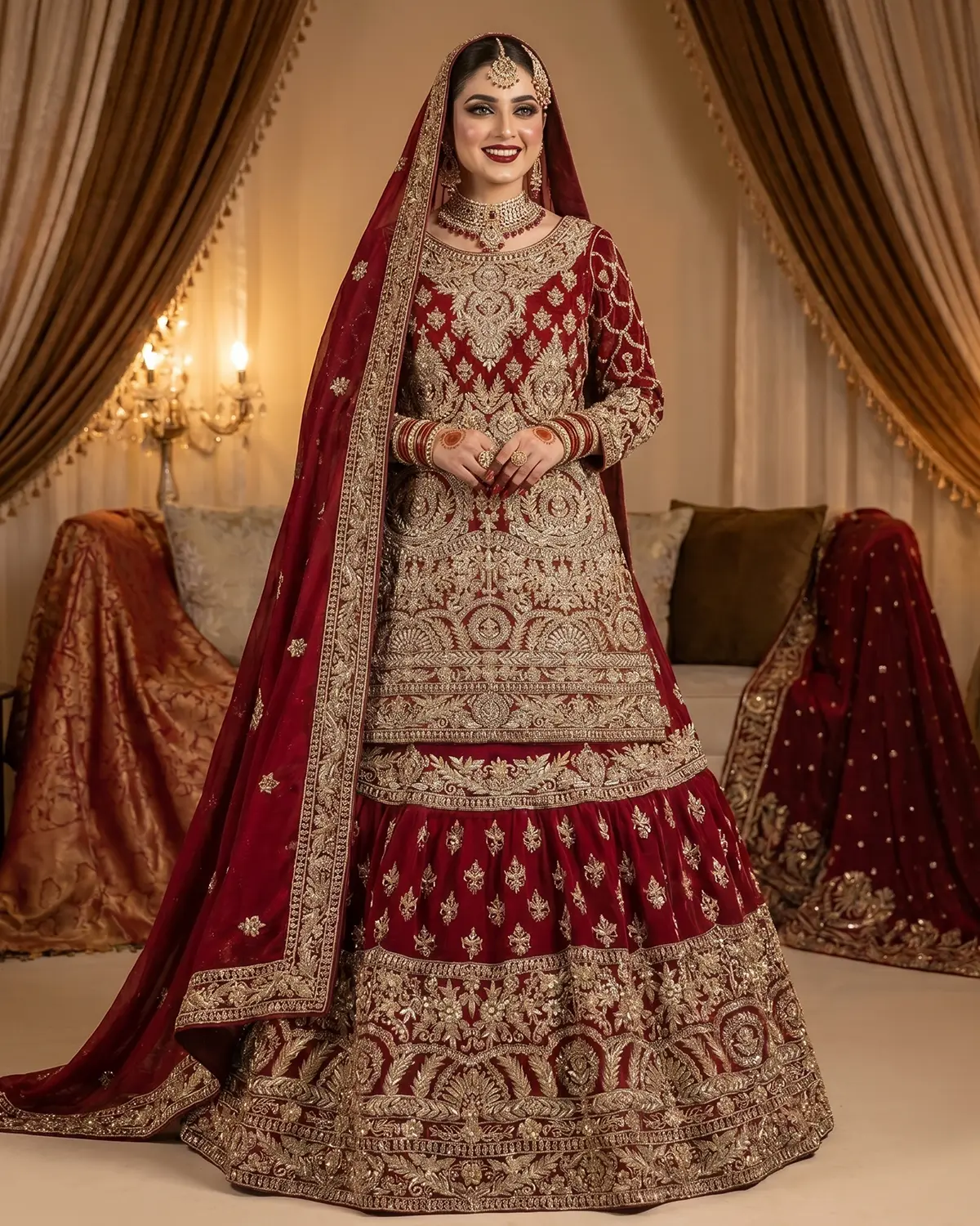 Elite Maroon Tux Bridal Farshi Lehenga Shirt - Image 2