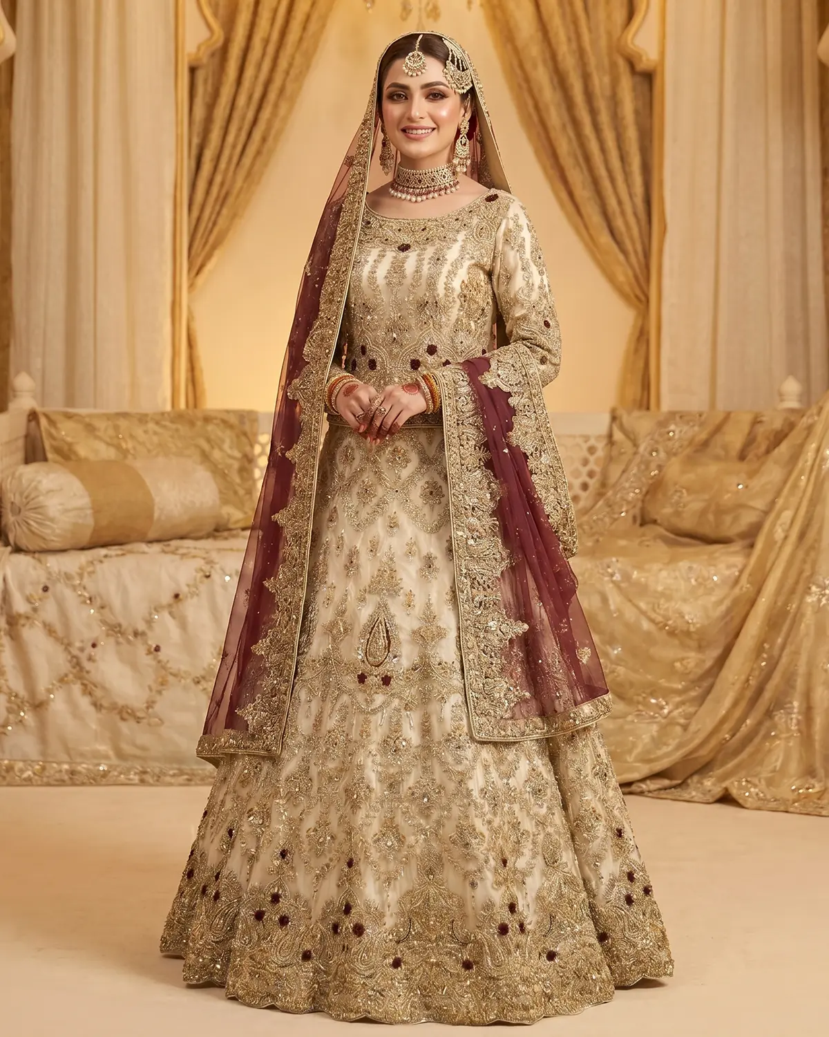 Elite White Golden Rose Bridal Lehenga Shirt - Image 2