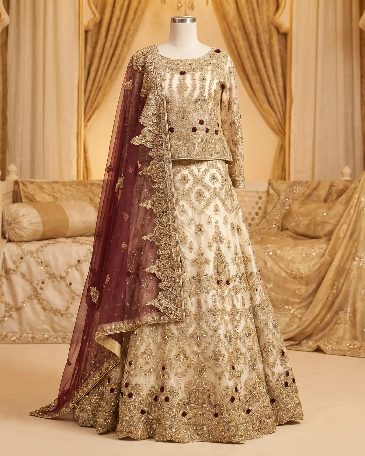 Elite White Golden Rose Bridal Lehenga Shirt