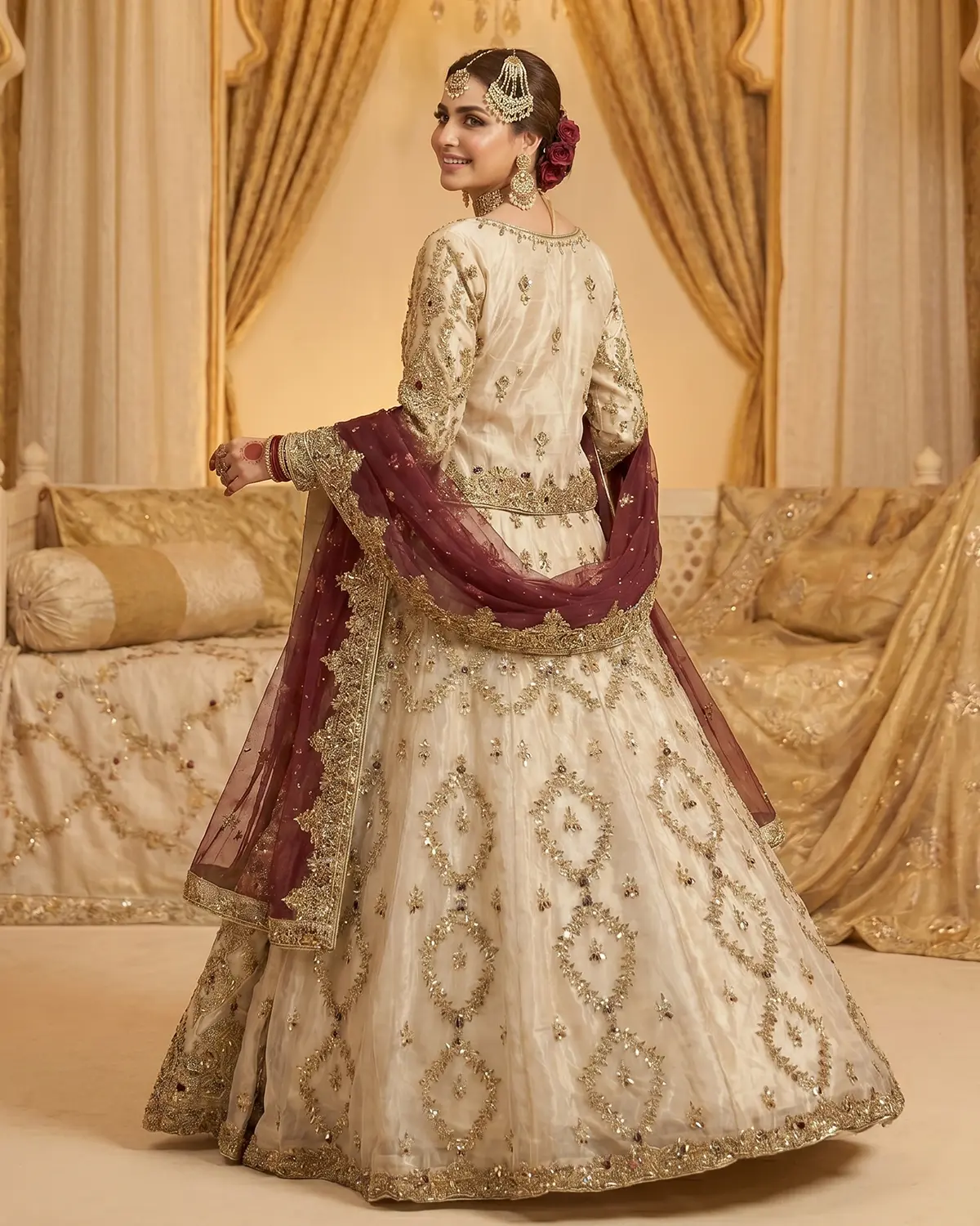 Elite White Golden Rose Bridal Lehenga Shirt - Image 3