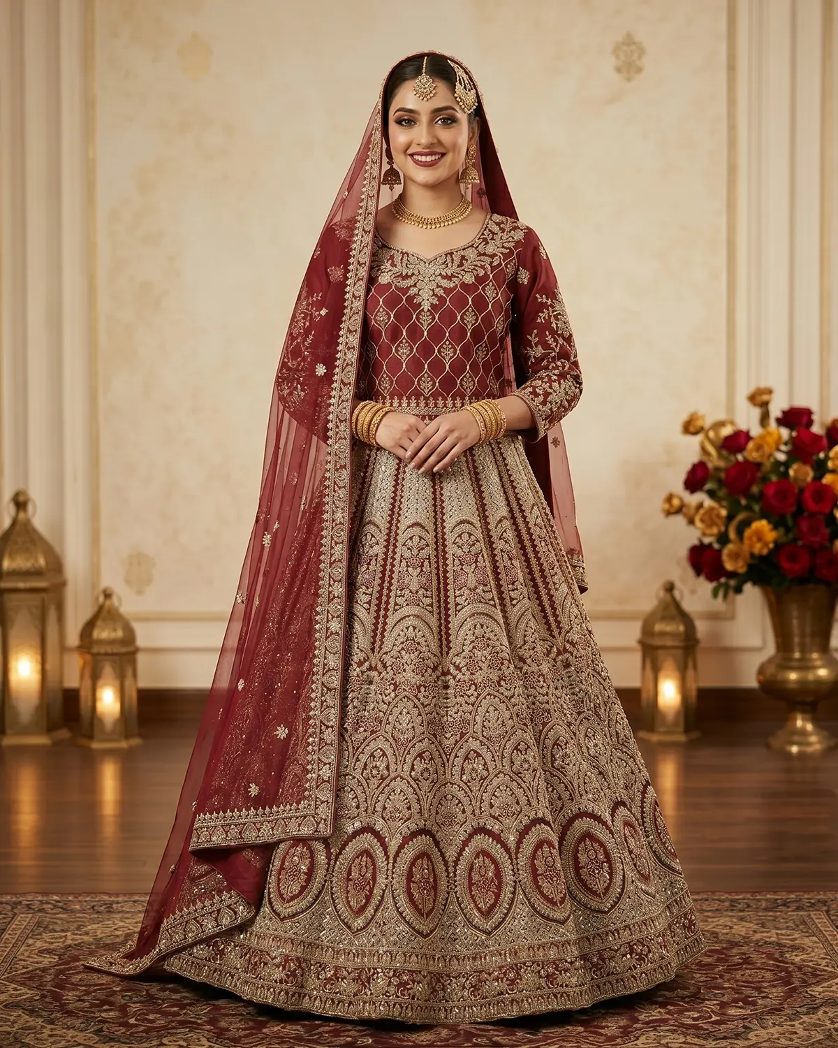 Golden Red Rich Work Indian Style Bridal Lehenga Choli - Image 2