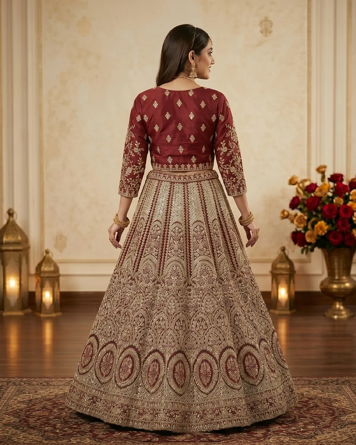 Golden Red Rich Work Indian Style Bridal Lehenga Choli - Image 3