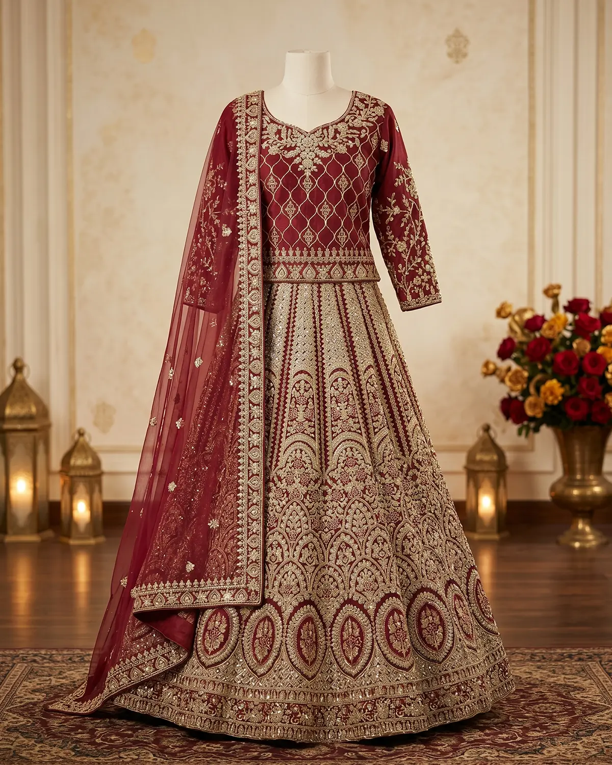 Golden Red Rich Work Indian Style Bridal Lehenga Choli