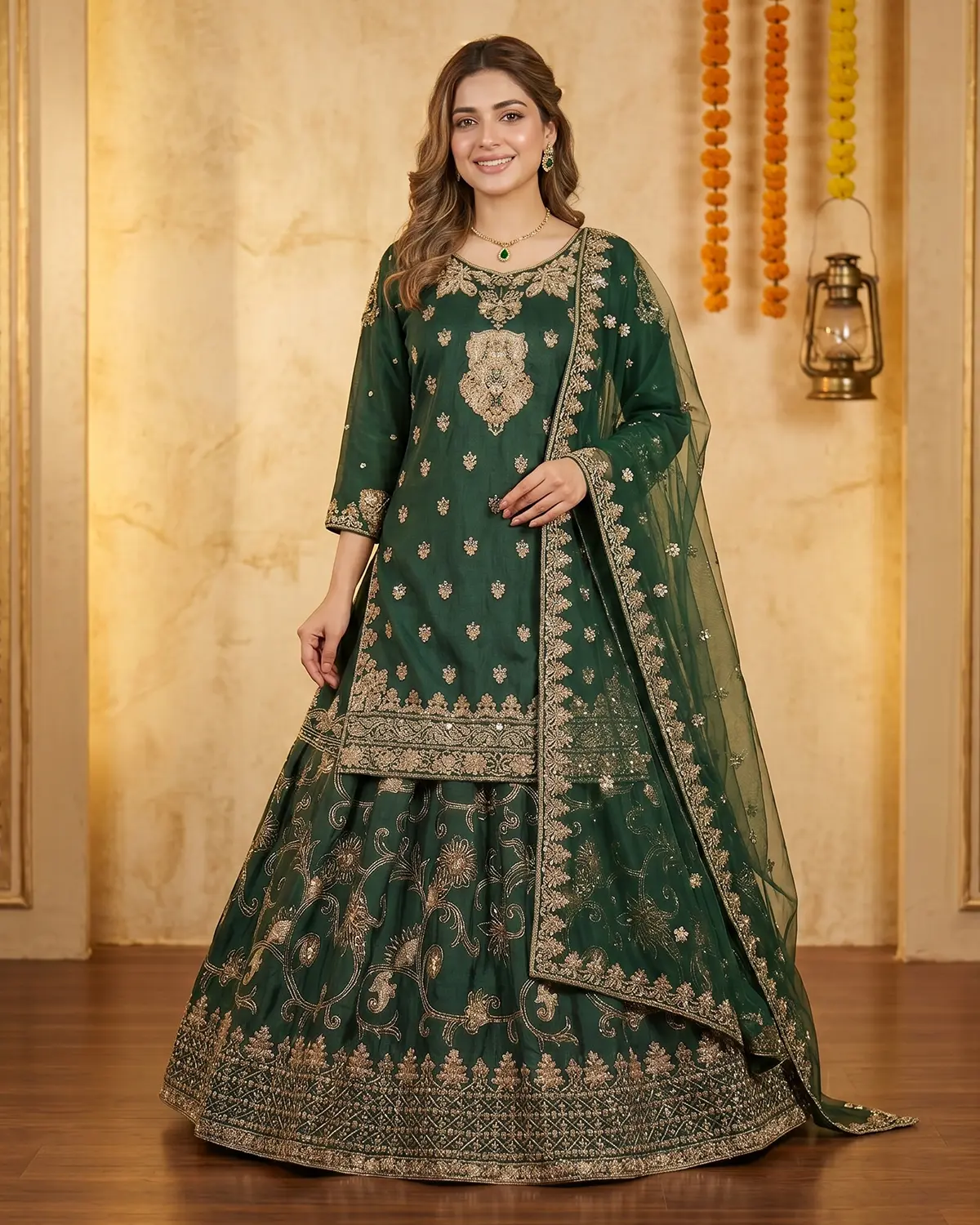 Green Formal Farshi Lehenga Shirt - Image 2