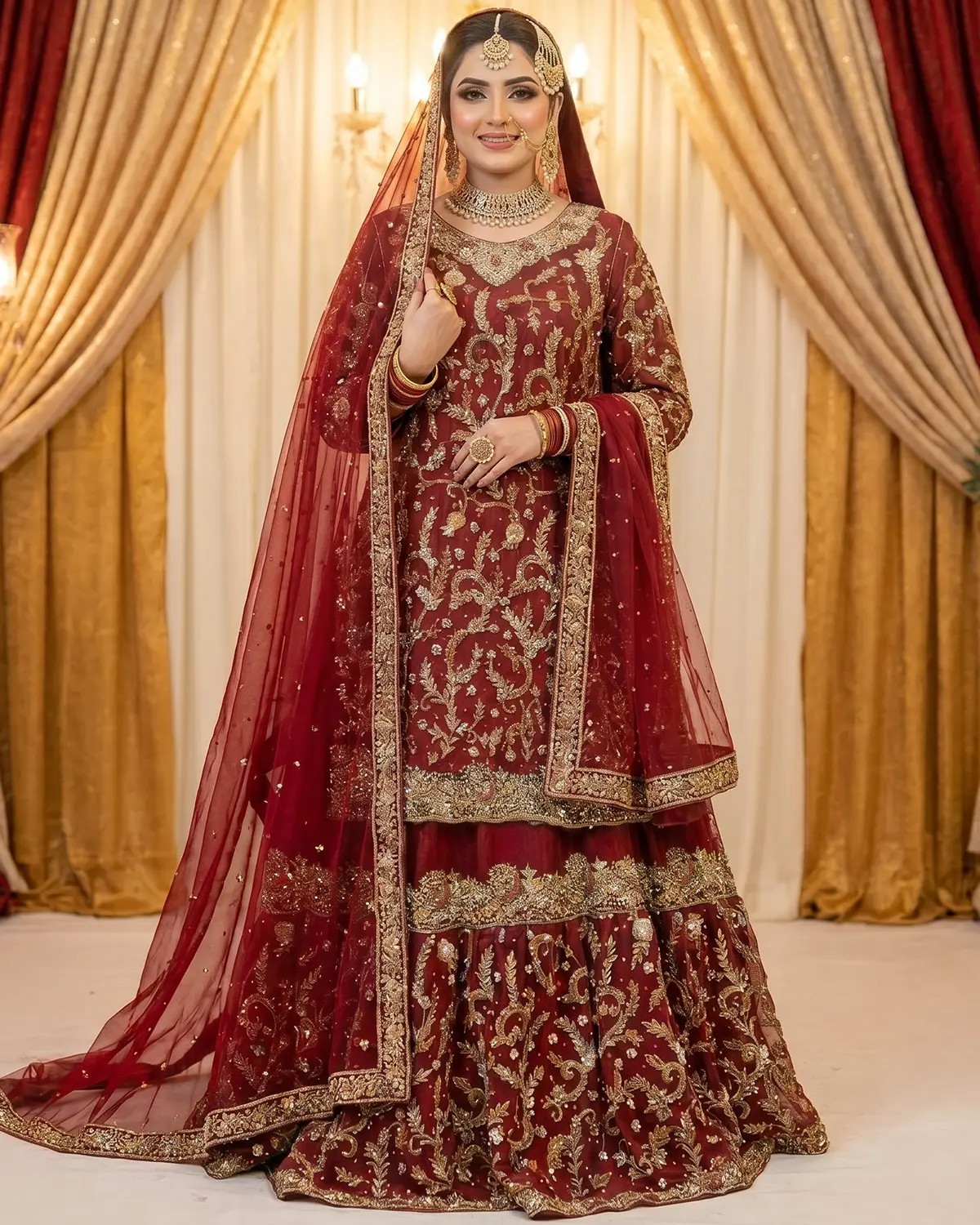 Luxury Maroon Classic Bridal Farshi Lehenga Long Shirt - Image 2