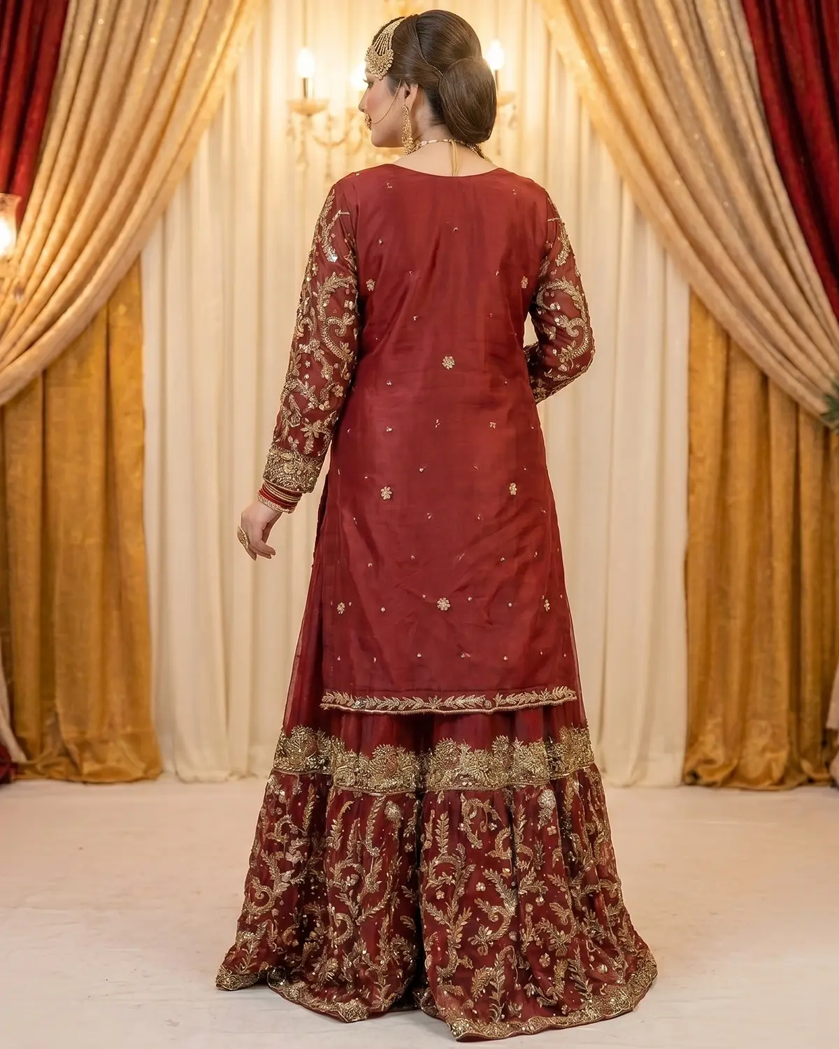 Luxury Maroon Classic Bridal Farshi Lehenga Long Shirt - Image 3