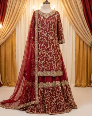 Luxury Maroon Classic Bridal Farshi Lehenga Long Shirt