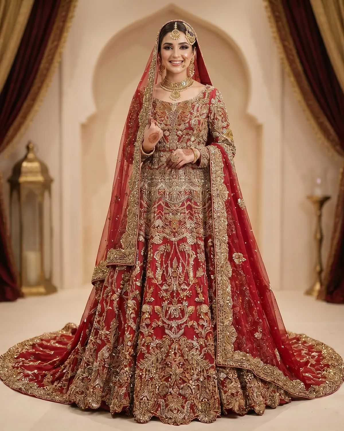 Luxury Red Long Heavy Embroidered Bridal Long Tail Maxi - Image 2