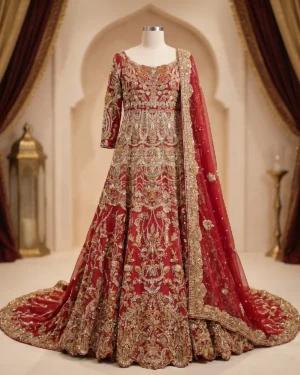 Luxury Red Long Heavy Embroidered Bridal Long Tail Maxi