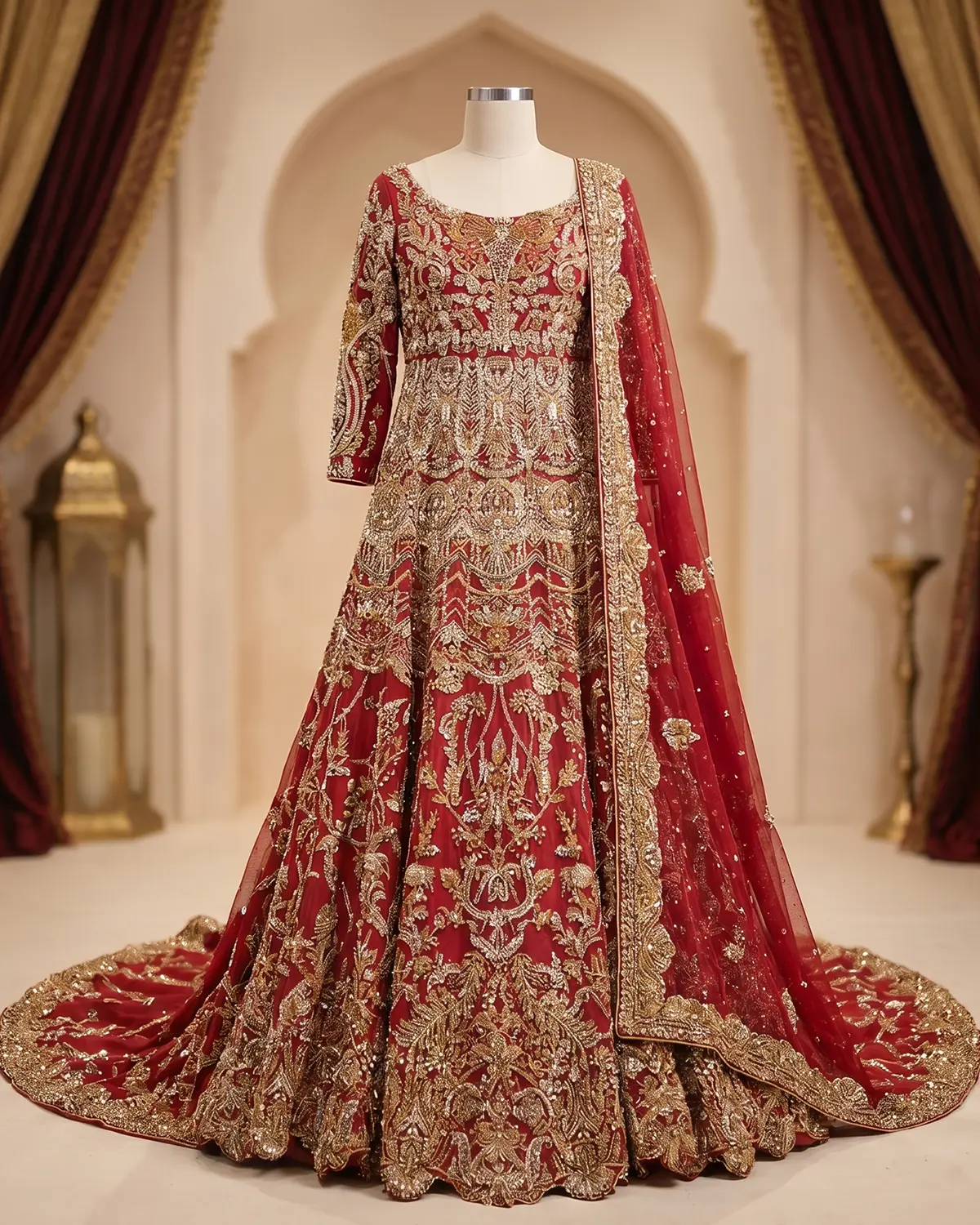 Luxury Red Long Heavy Embroidered Bridal Long Tail Maxi