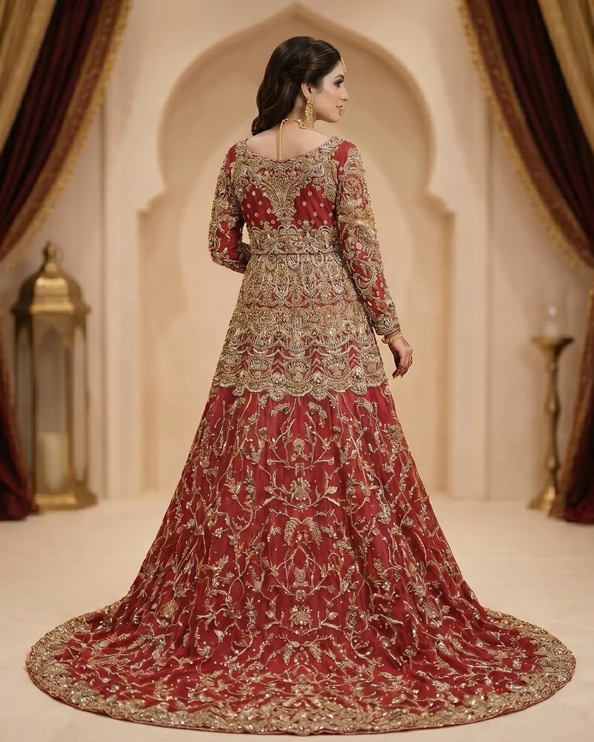 Luxury Red Long Heavy Embroidered Bridal Long Tail Maxi - Image 3