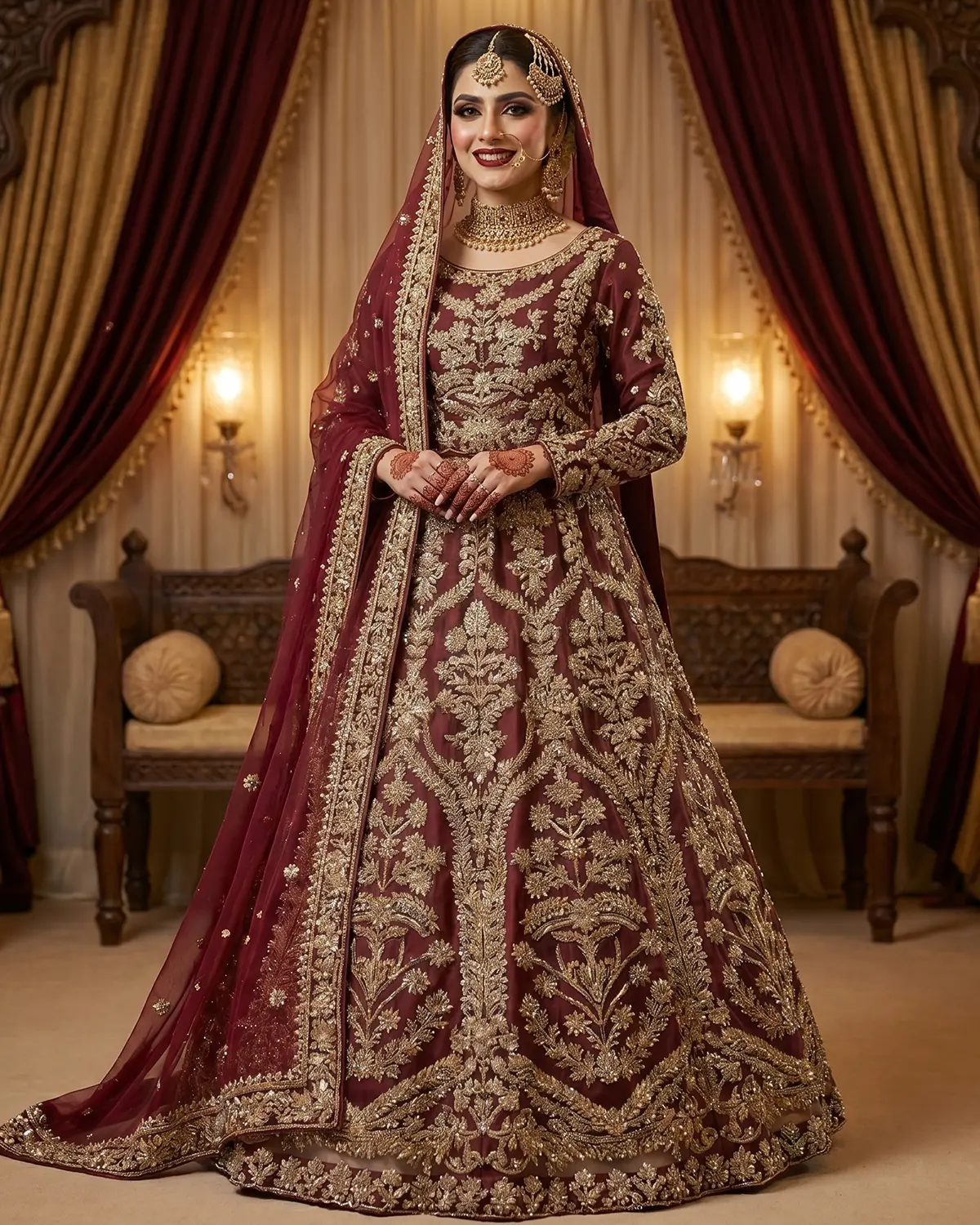 deep Maroon Luxury Rose Bridal Lehenga Shirt - Image 2