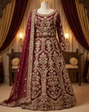 deep Maroon Luxury Rose Bridal Lehenga Shirt