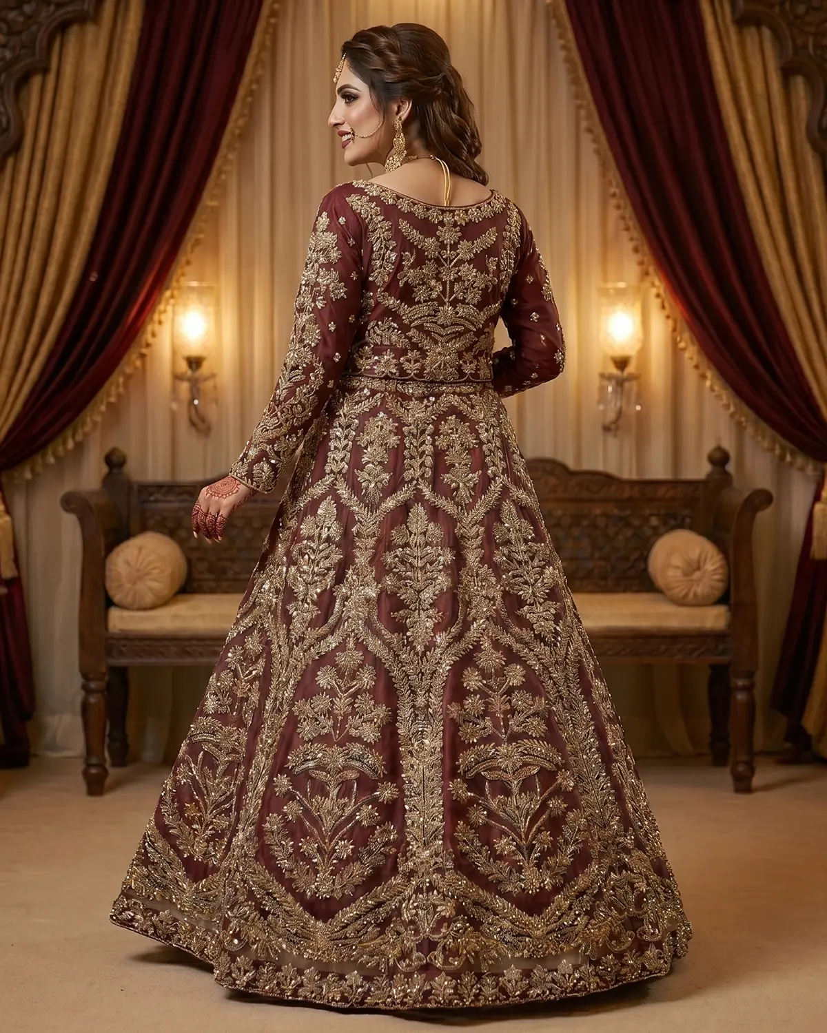 deep Maroon Luxury Rose Bridal Lehenga Shirt - Image 3
