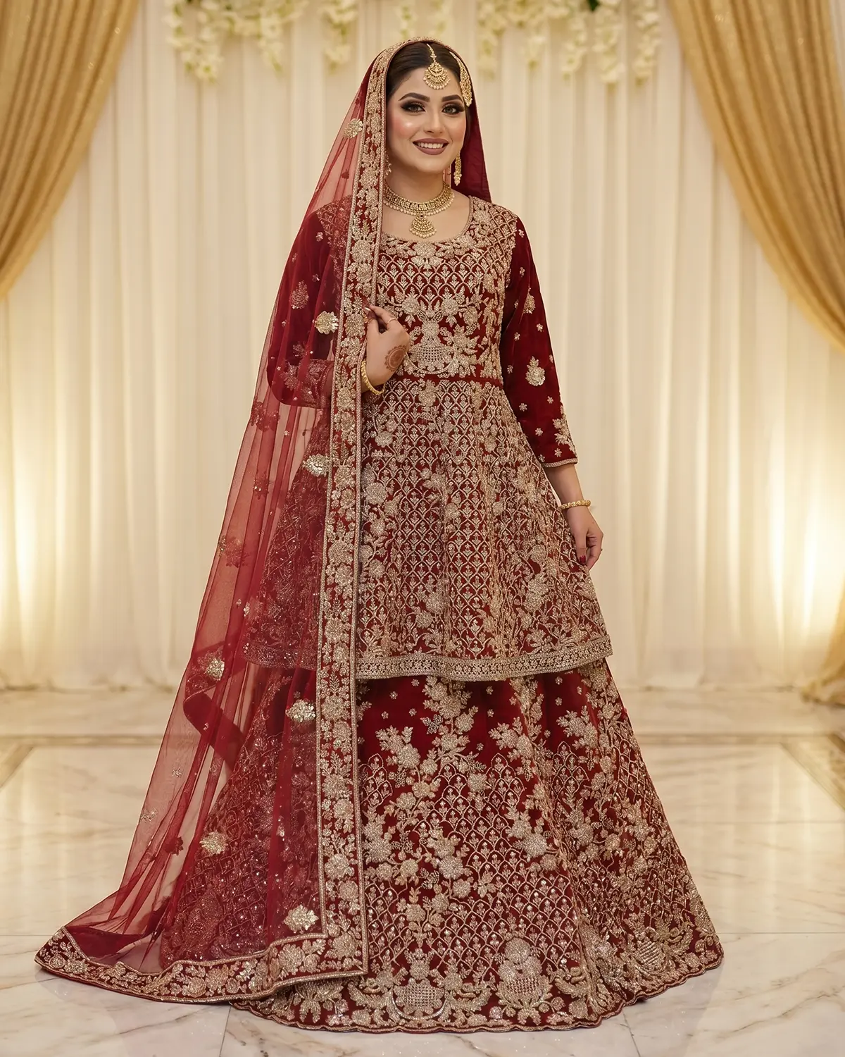 Maroon Velvet Indian Style Bridal Frock Lehenga - Image 2