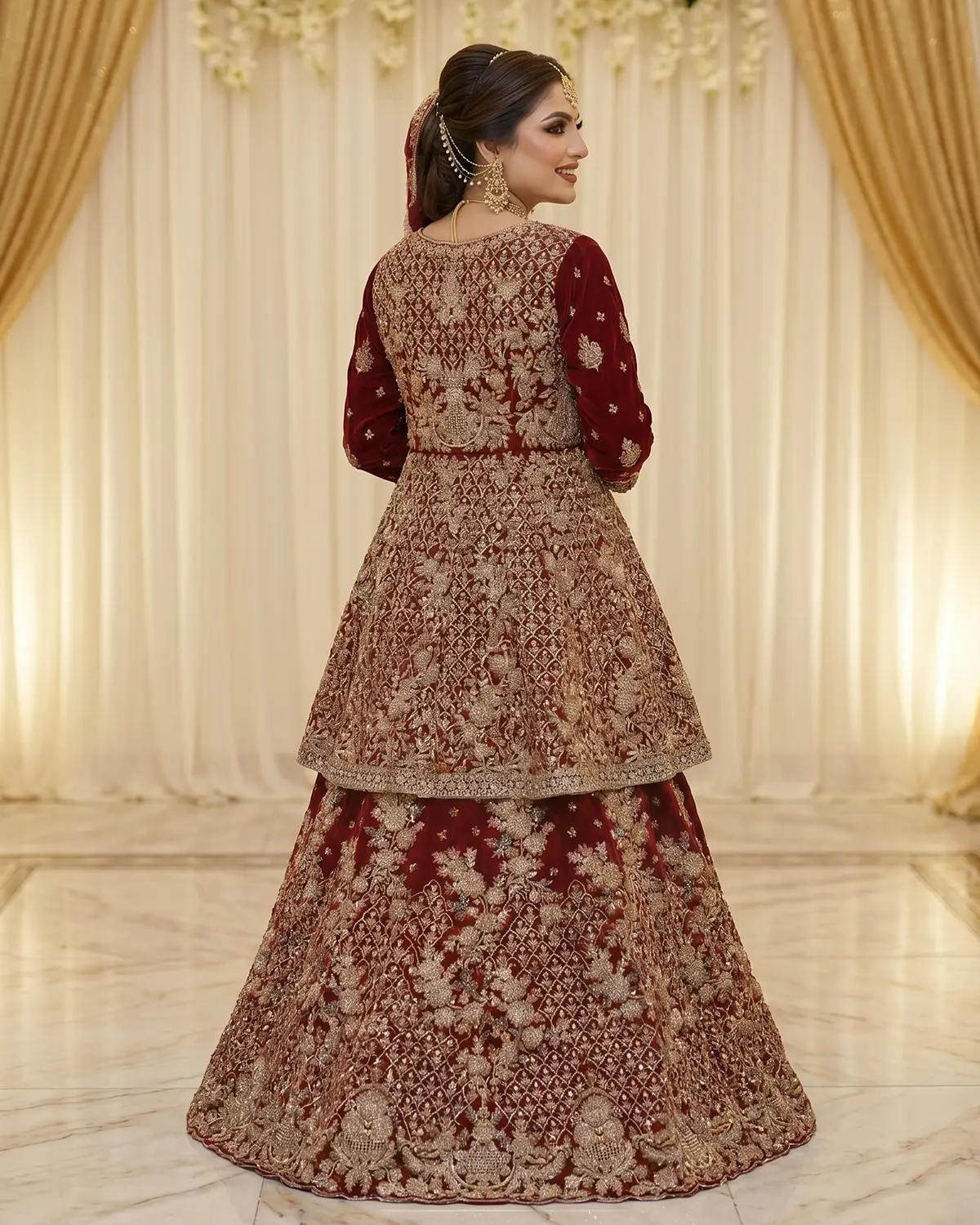 Maroon Velvet Indian Style Bridal Frock Lehenga - Image 3