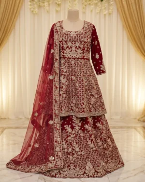 Maroon Velvet Indian Style Bridal Frock Lehenga