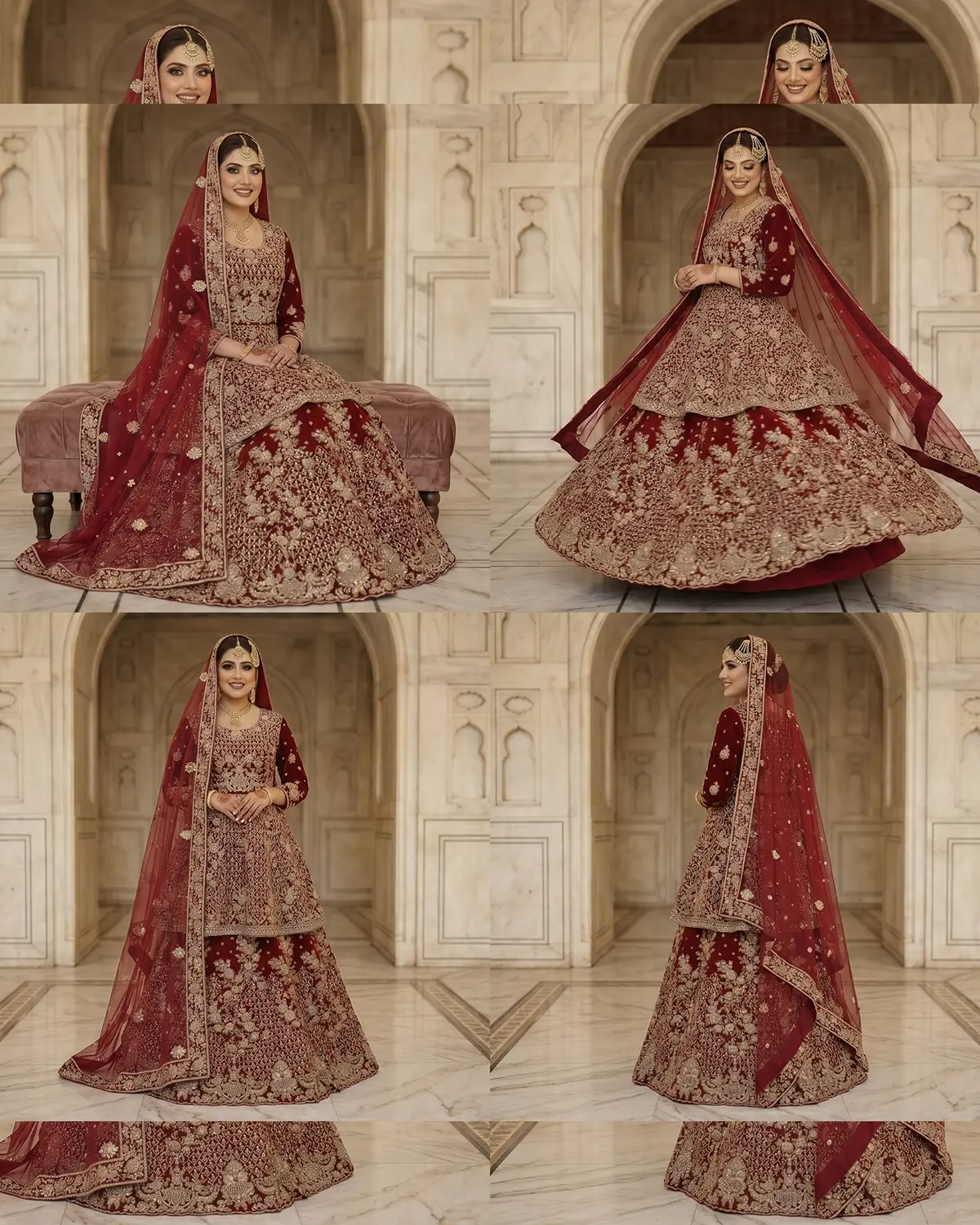 Maroon Velvet Indian Style Bridal Frock Lehenga - Image 4