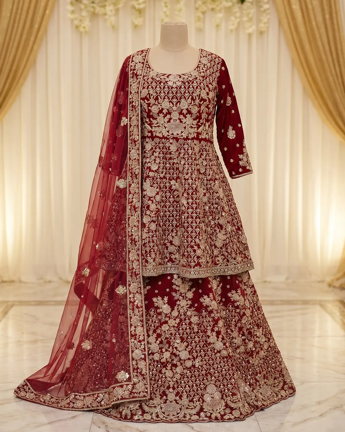 Maroon Velvet Indian Style Bridal Frock Lehenga