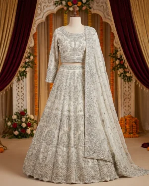 Off White Crystal Pearl Bridal Maxi/Lehenga Choli