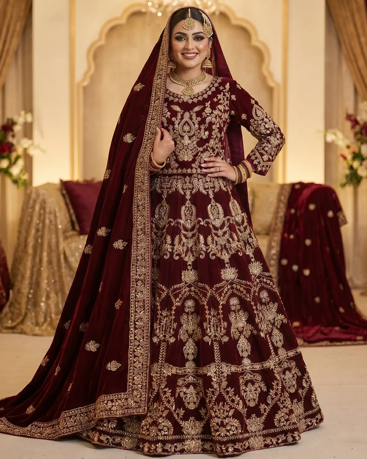 Premium Maroon Patterned Bridal Lehenga Choli - Image 2