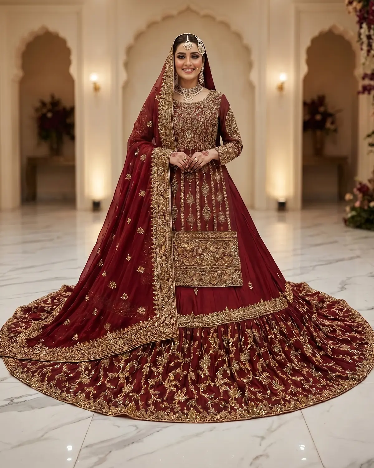 Premium Maroon Regal Bridal Farshi Lehenga Shirt - Image 2