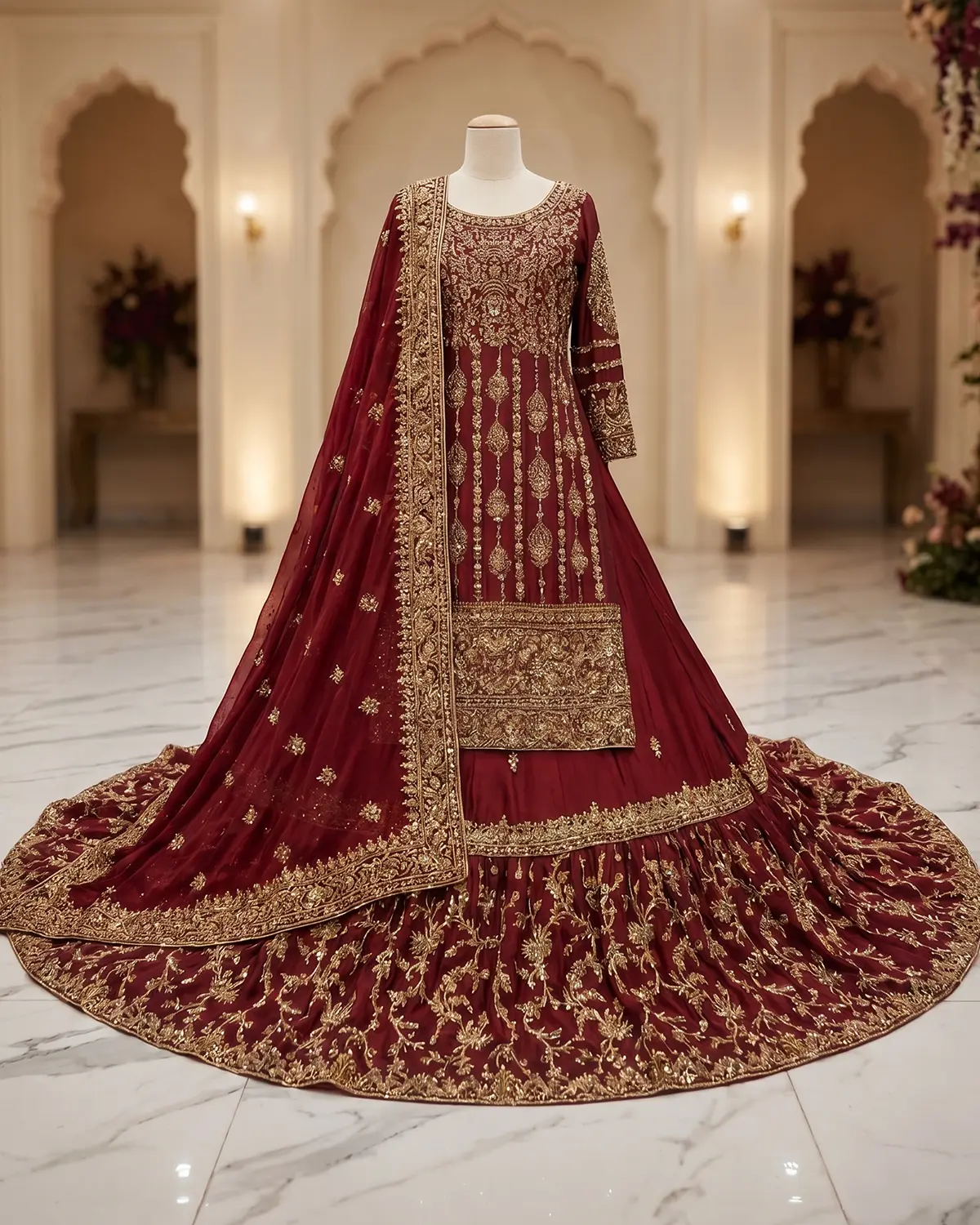 Premium Maroon Regal Bridal Farshi Lehenga Shirt