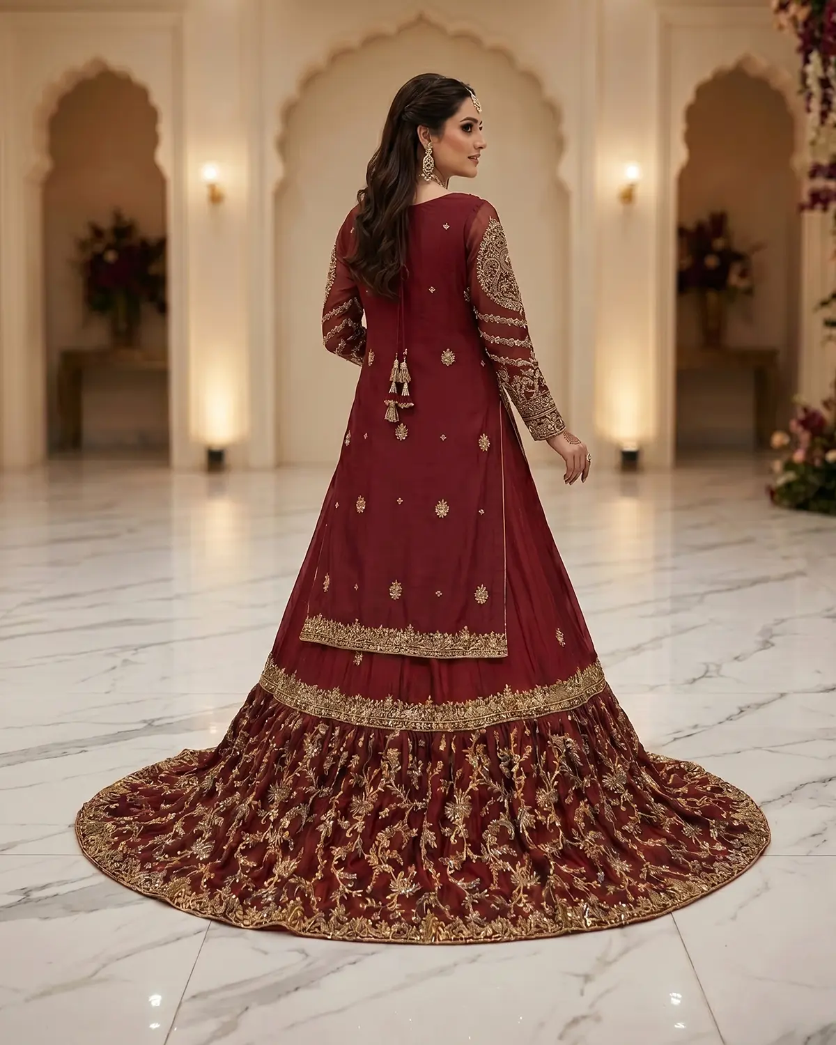 Premium Maroon Regal Bridal Farshi Lehenga Shirt - Image 3