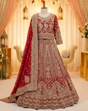 Queens Red Patterned Tux Bridal Lehenga Choli
