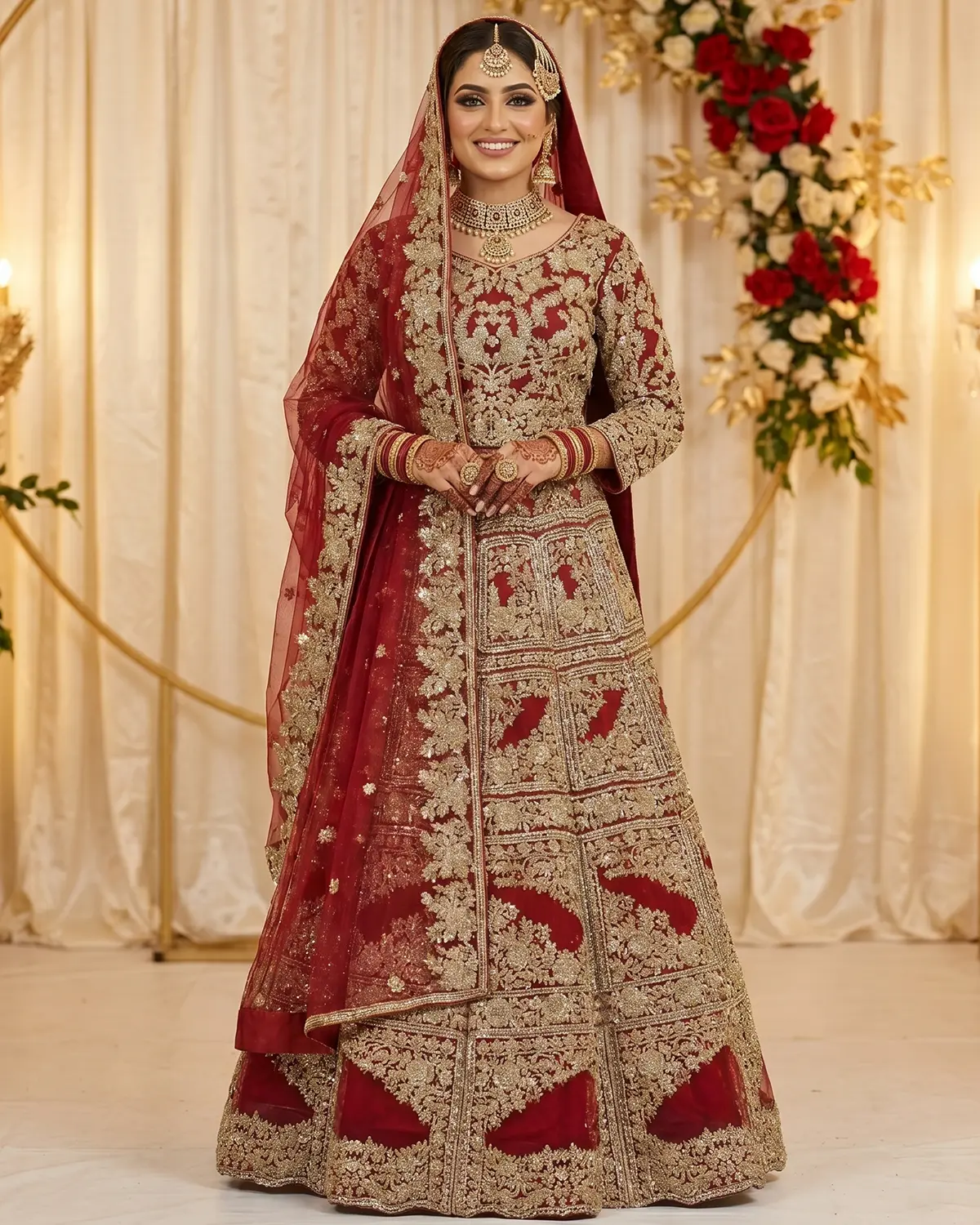 Red Gold Heavy Embroidered Bridal Lehenga Shirt - Image 2