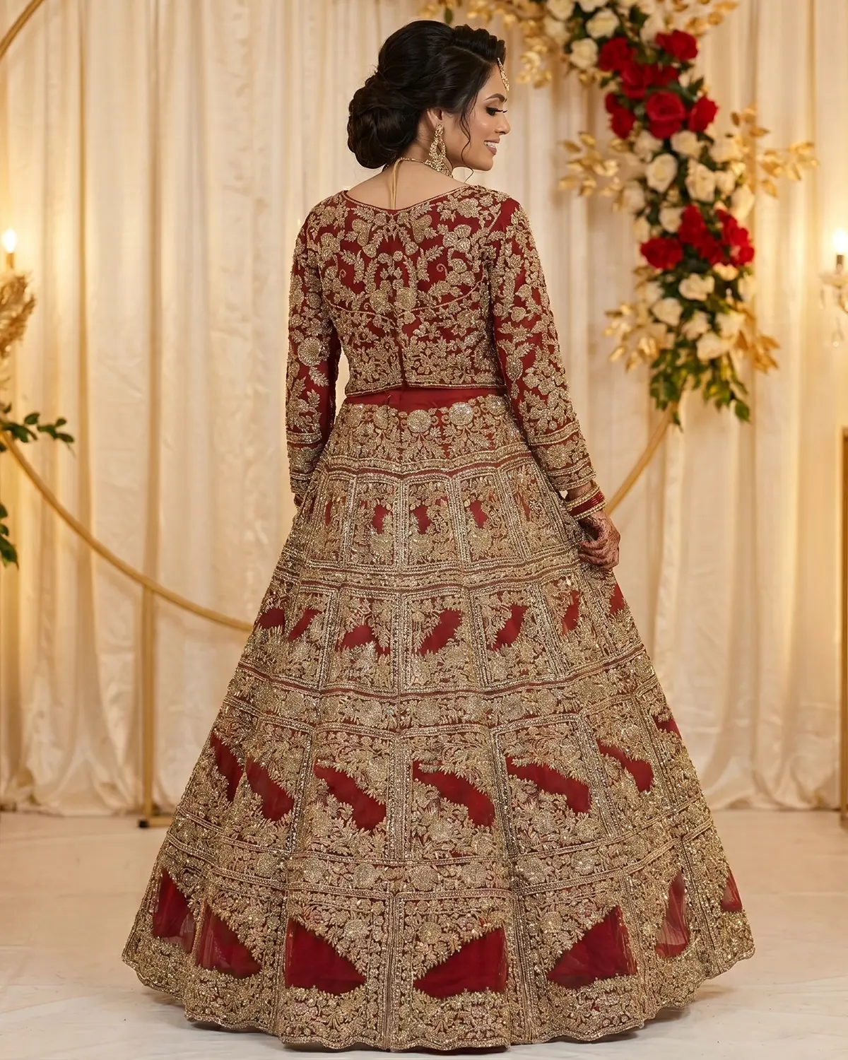 Red Gold Heavy Embroidered Bridal Lehenga Shirt - Image 3