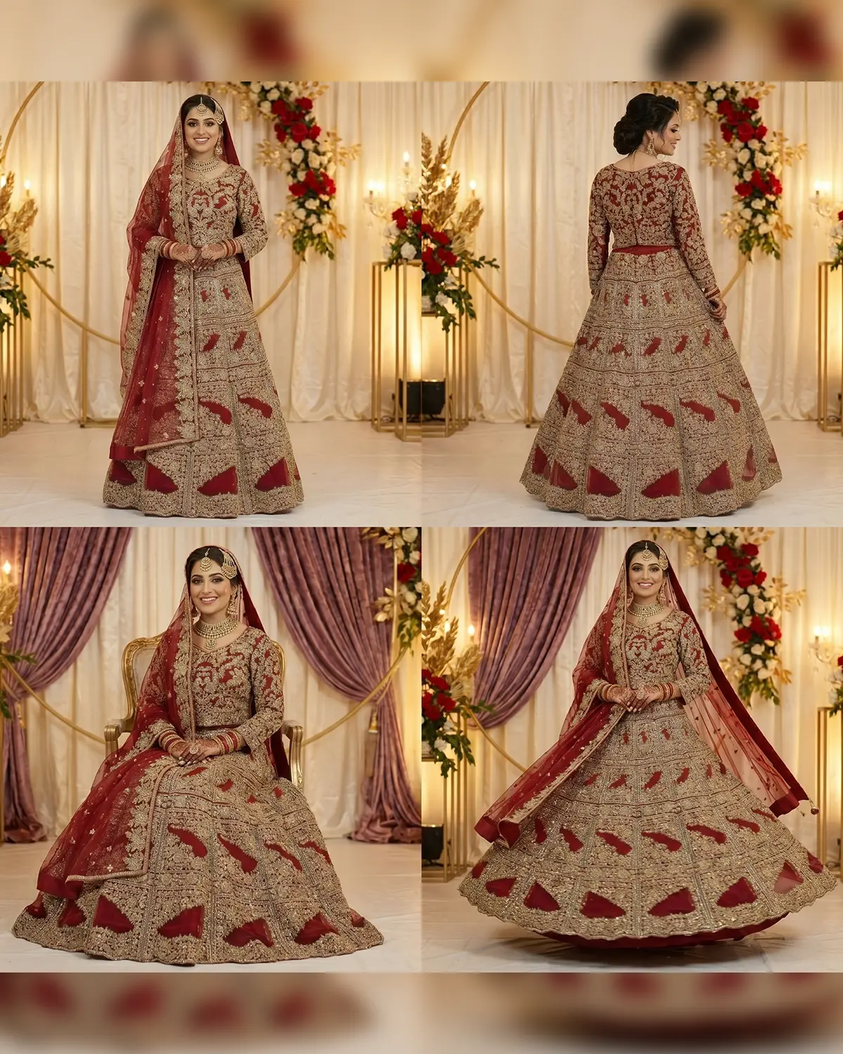 Red Gold Heavy Embroidered Bridal Lehenga Shirt - Image 4