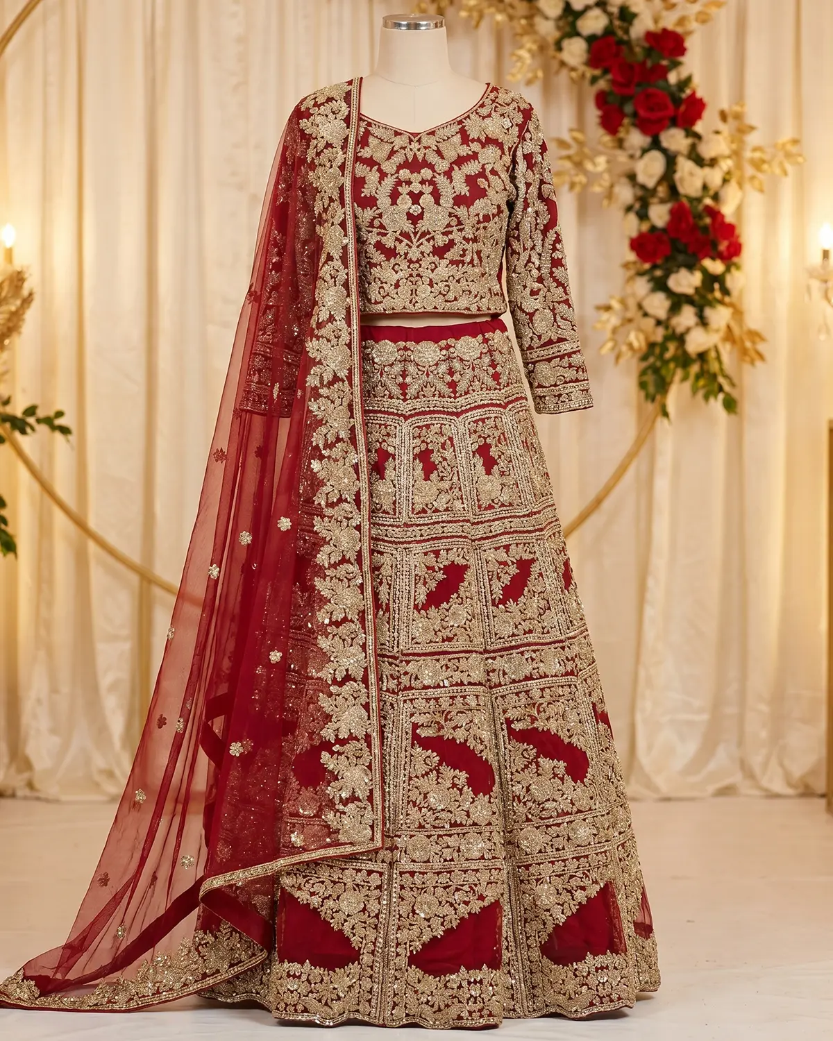Red Gold Heavy Embroidered Bridal Lehenga Shirt