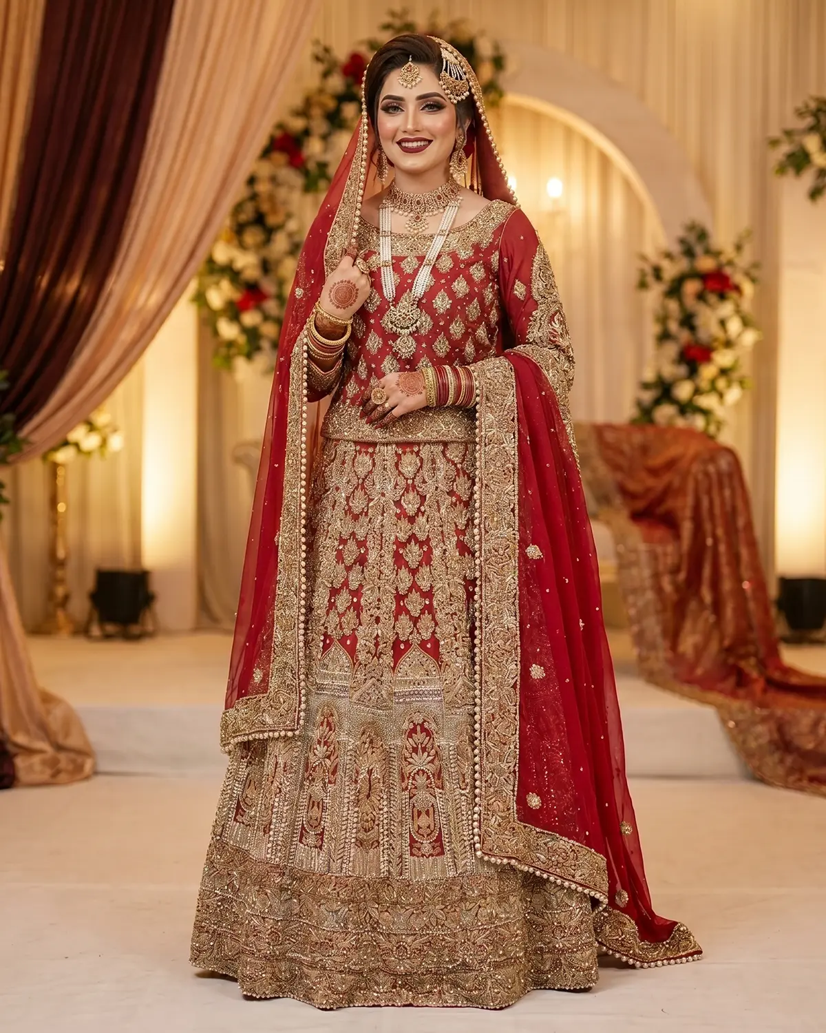Red Heavy Zari Work Bridal Lehenga Shirt - Image 2