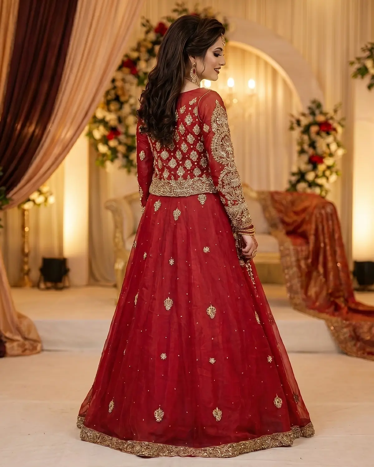 Red Heavy Zari Work Bridal Lehenga Shirt - Image 3