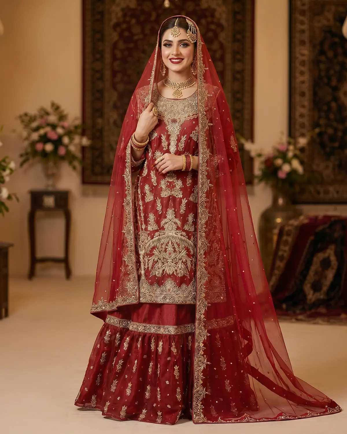 Redish Embellished Bridal Farshi Lehenga Long Shirt - Image 2