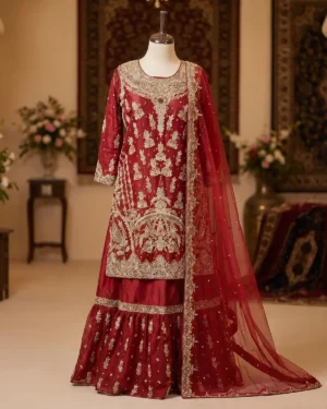 Redish Embellished Bridal Farshi Lehenga Long Shirt