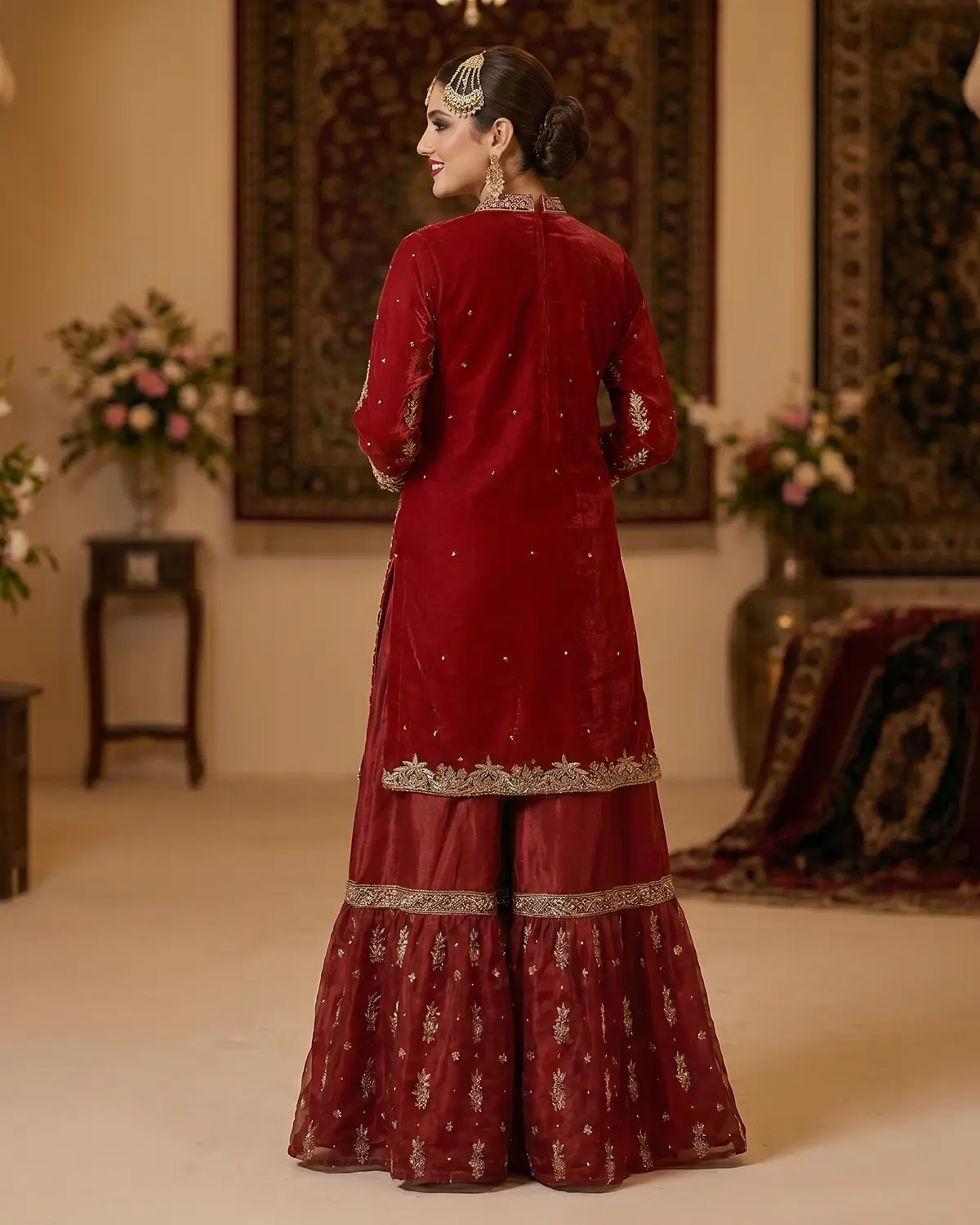 Redish Embellished Bridal Farshi Lehenga Long Shirt - Image 3